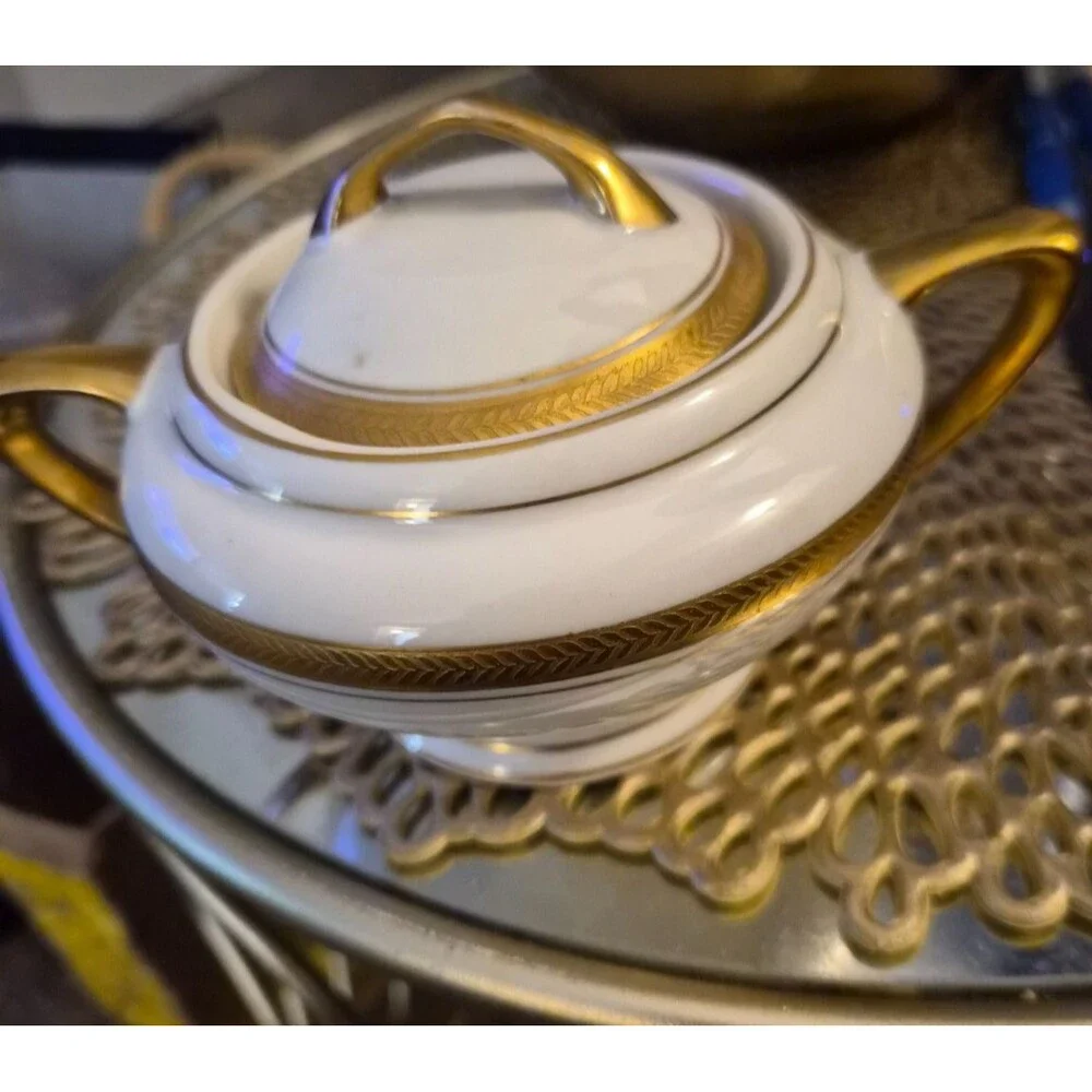 Pretty Unique, Vintage Porcelain Sugar Bowl w/Lid Pompeli Gold Trim numbered 279